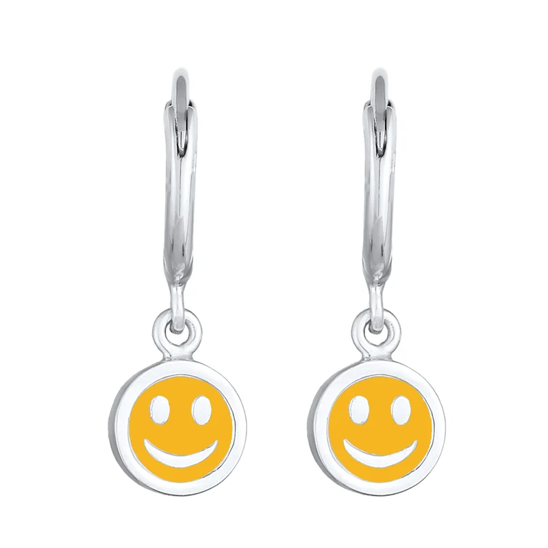Creolen mit Smiling Face Anhänger | Emaille (Orange)