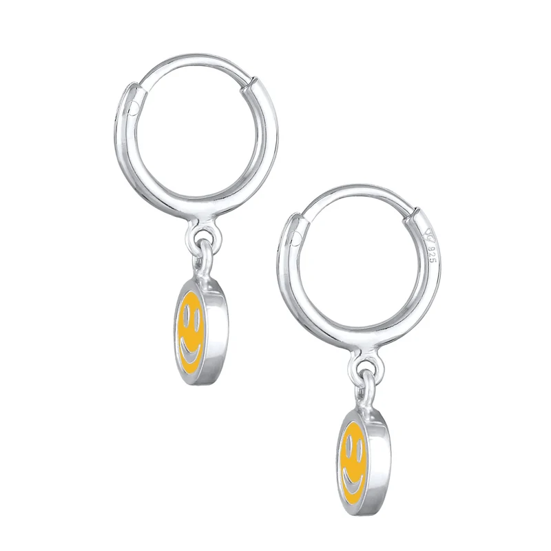 Creolen mit Smiling Face Anhänger | Emaille (Orange)