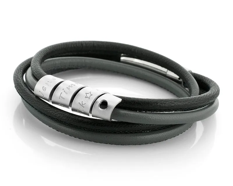 HERREN ARMBAND LEDER SCHWARZ GRAU LEDERARMBAND GRAVUR MÄNNERARMBAND