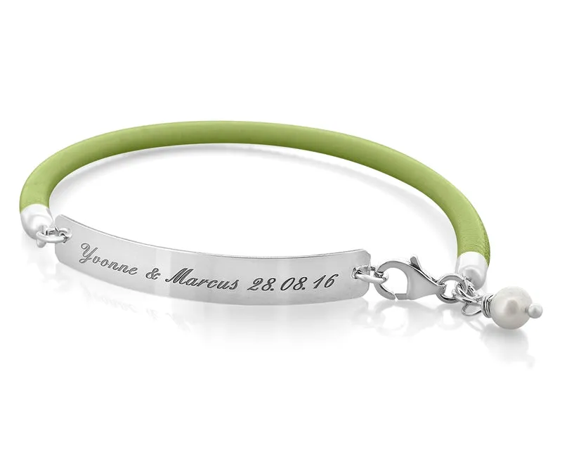 DAMEN ARMBAND OLIVE MIT GRAVUR, LEDERARMBAND MIT 925 SILBER ANHÄNGER