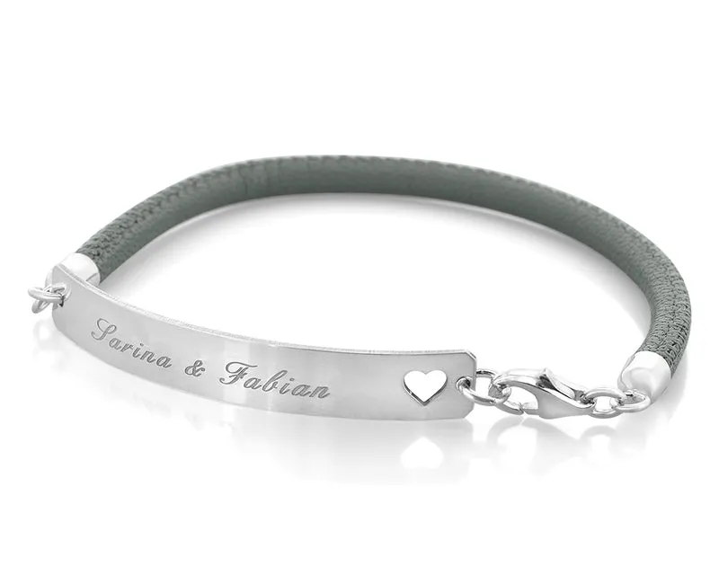 LEDERARMBAND MIT GRAVUR, GRAUES DAMENARMBAND, SILBERSCHMUCK, PERSONALISIERTER SCHMUCK