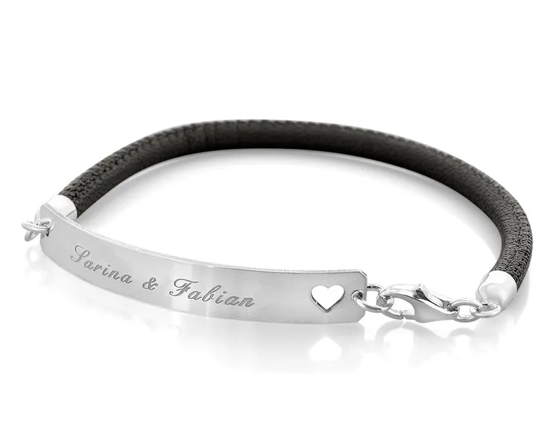 DAMEN ARMBAND PERSONALSIERBAR LEDERARMBAND SILBERSCHMUCK GRAVUR SCHWARZ