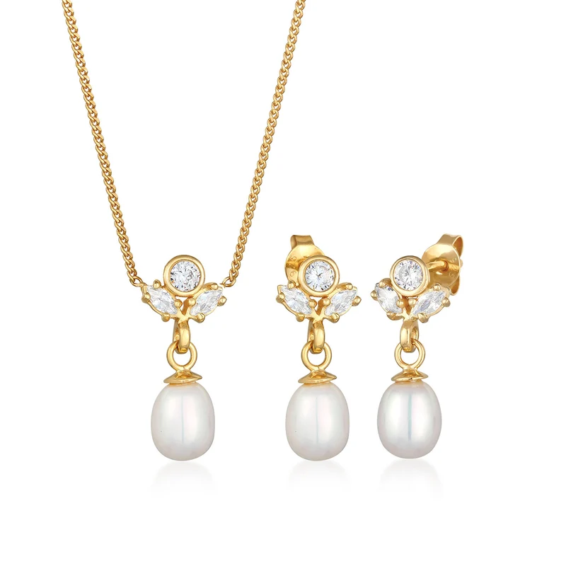 Schmuckset | Süßwasserperlen, Zirkonia (Weiß)