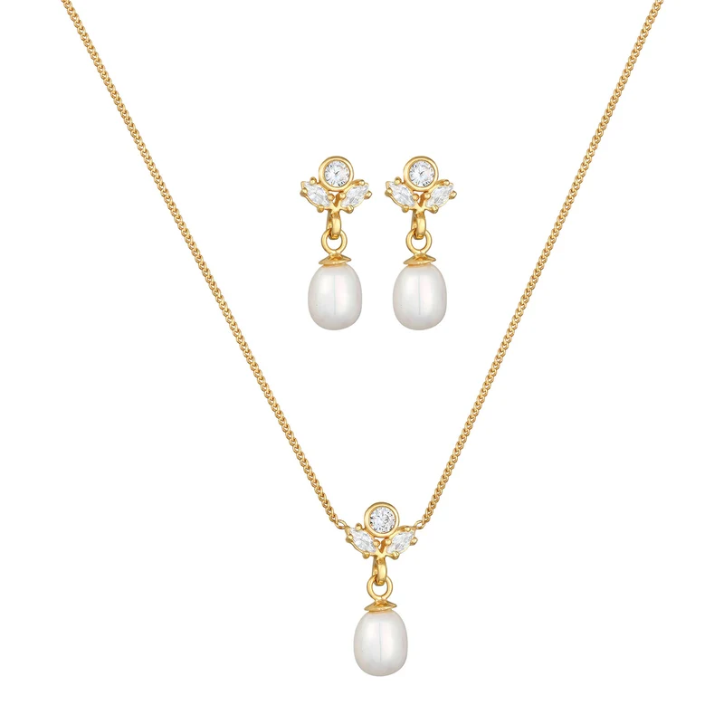 Schmuckset | Süßwasserperlen, Zirkonia (Weiß)