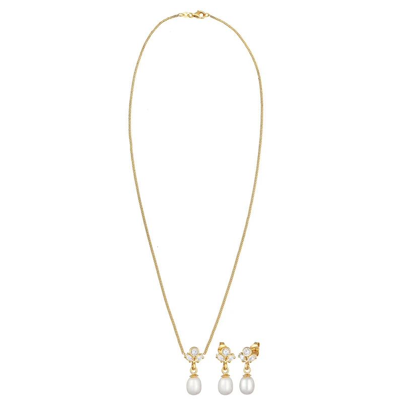 Schmuckset | Süßwasserperlen, Zirkonia (Weiß)