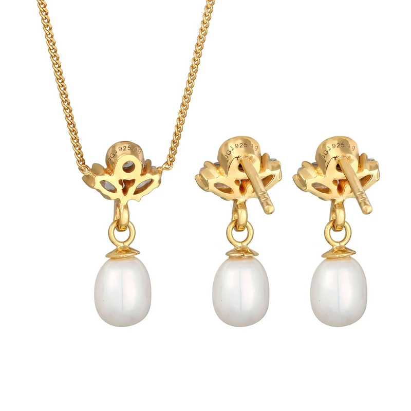 Schmuckset | Süßwasserperlen, Zirkonia (Weiß)