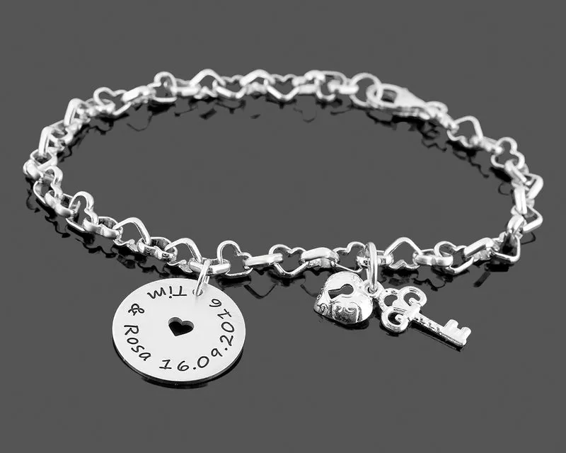 DAMEN ARMBAND HERZ SCHLÜSSEL SILBERARMBAND GRAVUR GESCHENK VERLOBUNG