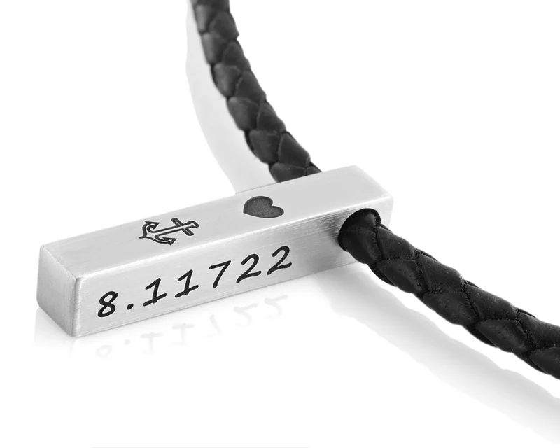 HERREN HALSKETTE GRAVUR SCHWARZ LEDER 925 SILBER, LEDERKETTE FÜR MÄNNER GRAVUR