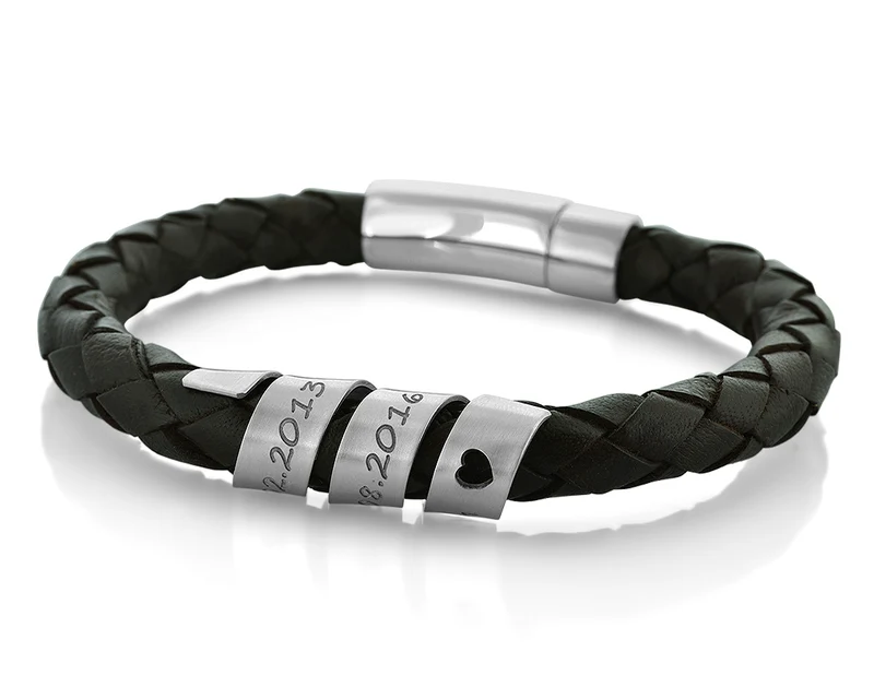 HERREN LEDERARMBAND SCHWARZ 925 SILBER MÄNNERARMBAND GRAVUR LEDER