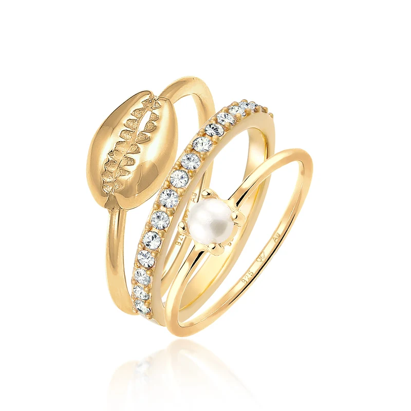 Ringset Kauri Muschel | Süßwasserperle, Kristalle (Weiß)