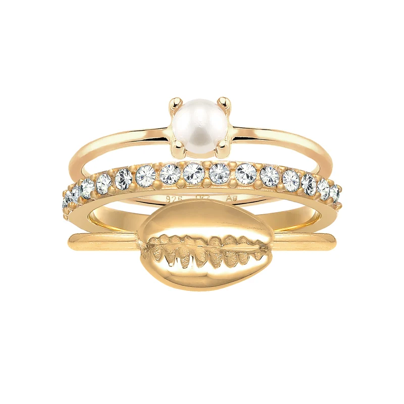 Ringset Kauri Muschel | Süßwasserperle, Kristalle (Weiß)