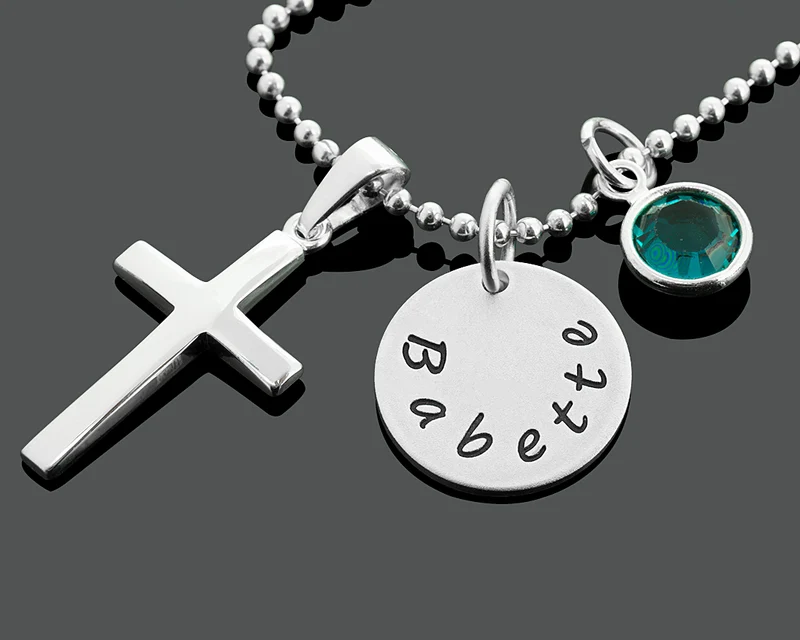 TAUFKETTE MIT KREUZ UND GEBURTSSTEIN, TAUFSCHMUCK MIT GRAVUR