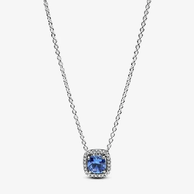 Sparkling Square Blue Halo Pendant Necklace, 45cm