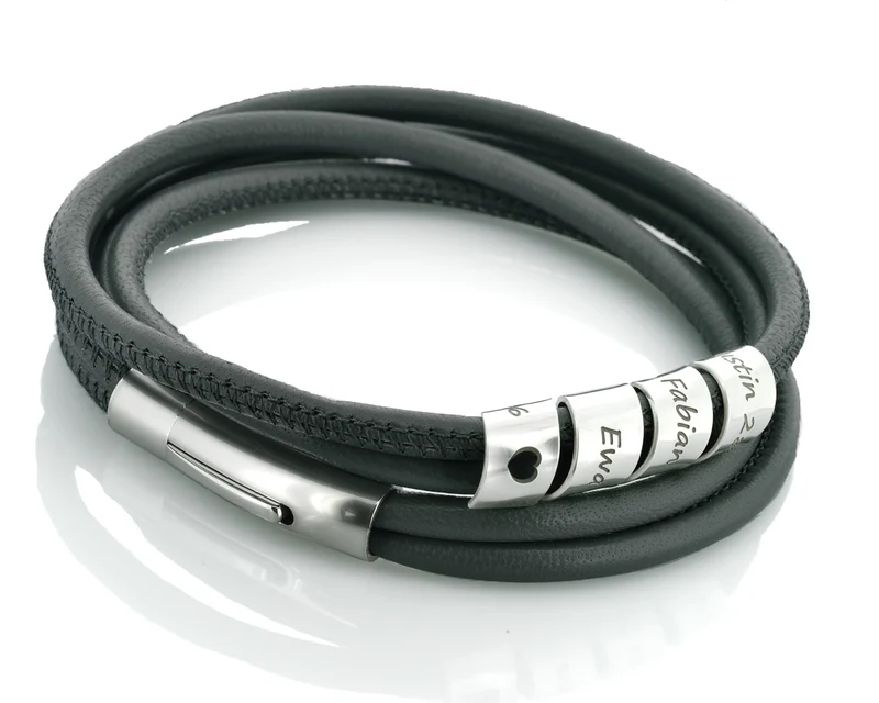 HERREN ARMBAND GRAVUR LEDER MÄNNER ARMBAND TEXT LEDERARMBAND GRAU