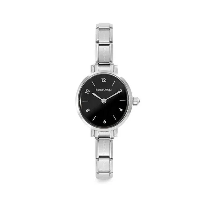Time Paris Oval Black Dial & Silver Charm Bracelet Watch with CZ