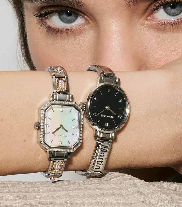 Time Paris Oval Black Dial & Silver Charm Bracelet Watch with CZ