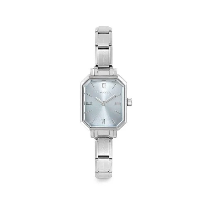 Time Paris Rectangle Light Blue Dial & Silver Charm Bracelet Watch