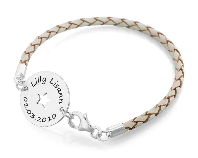 LEDER ARMBAND DAMEN WEISS MIT GRAVUR, GESCHENK GEBURT MUTTER SCHMUCK
