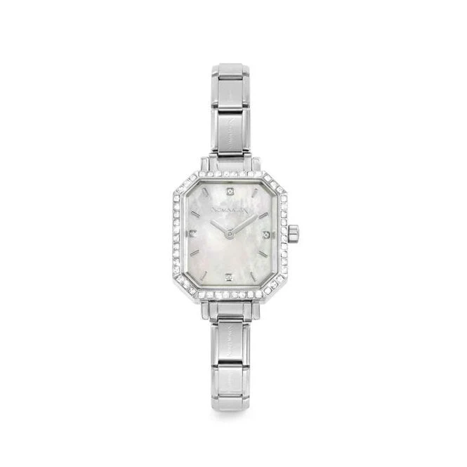 Time Paris Rectangle Mother of Pearl Dial & Silver Charm Bracelet Watch with CZ