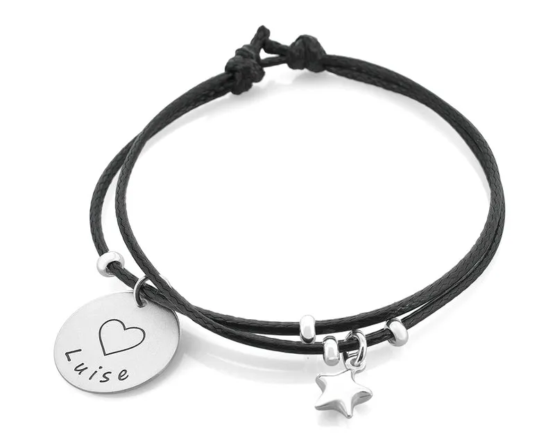 GEBURTSARMBAND MIT GRAVUR, NAMENSSCHMUCK SILBER, ARMBAND SCHWARZ