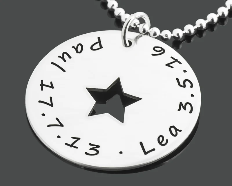 SILBERKETTE MIT STERN, GEBURT SCHMUCK, FAMILIENKETTE GRAVUR