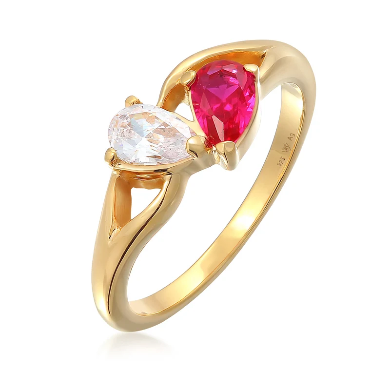 Verlobungsring Tropfen | Zirkonia (weiß) & Rubin, synthetisch (Pink)