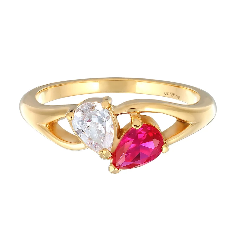 Verlobungsring Tropfen | Zirkonia (weiß) & Rubin, synthetisch (Pink)