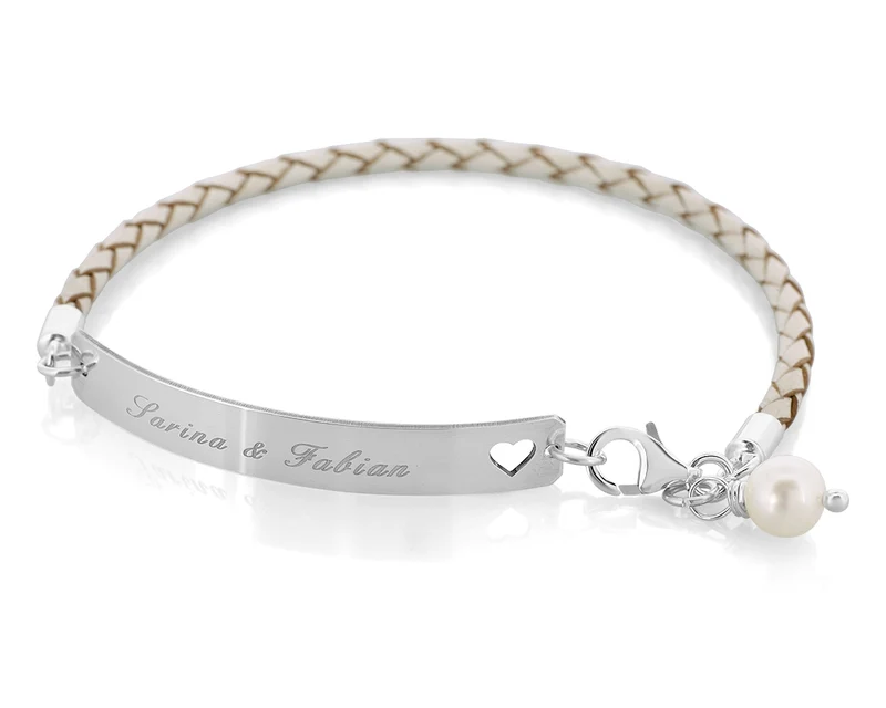 ID ARMBAND MIT GRAVUR, LEDERARMBAND MIT NAMEN, DAMENARMBAND WEISS