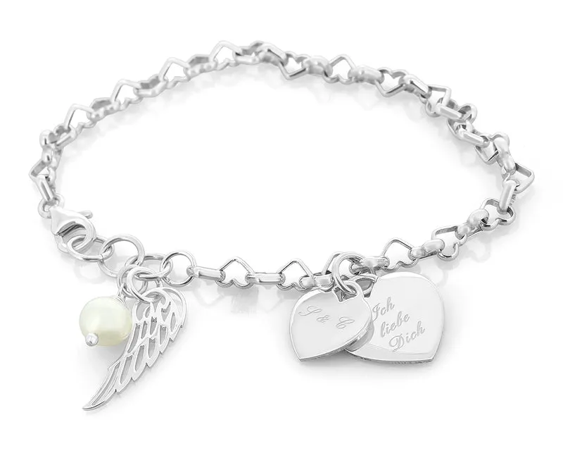 SILBERARMBAND MIT GRAVUR DAMEN ARMBAND 925 SILBER HERZANHÄNGER, ENGELSFLÜGEL