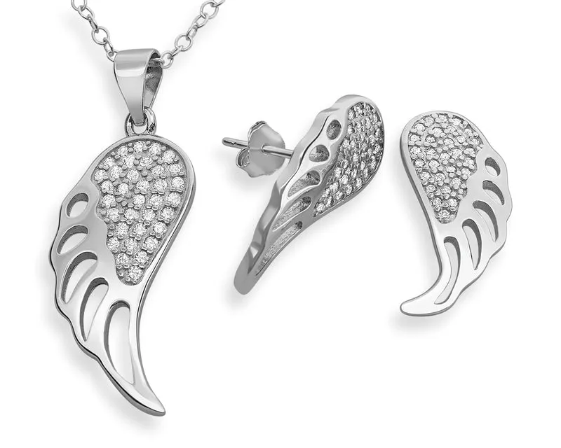SCHMUCKSET SILBER, ENGELSRUFER KETTE, ENGELSFLÜGEL OHRSTECKER, GESCHENK FRAU