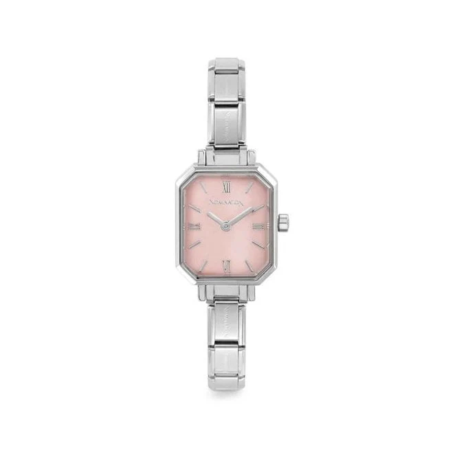 Time Paris Rectangle Pastel Pink Dial & Silver Charm Bracelet Watch