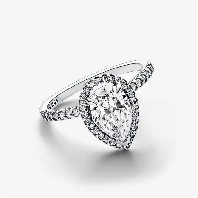 Sparkling Pear Halo Ring, Size 52