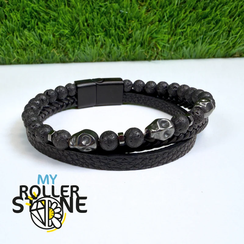 Lavastein-Totenkopf-Lederarmband