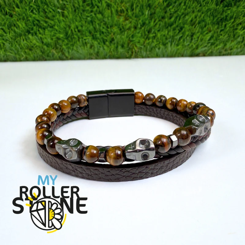 Tigerauge Totenkopf Lederarmband
