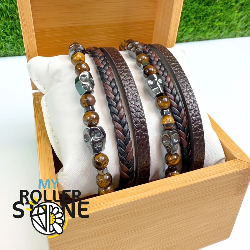 Tigerauge Totenkopf Lederarmband