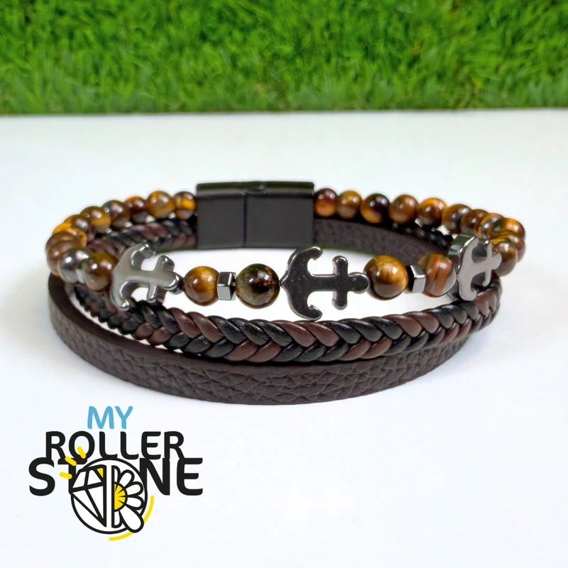 Tigerauge-Anker-Lederarmband
