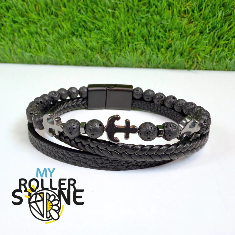 Lavastein-Anker-Lederarmband