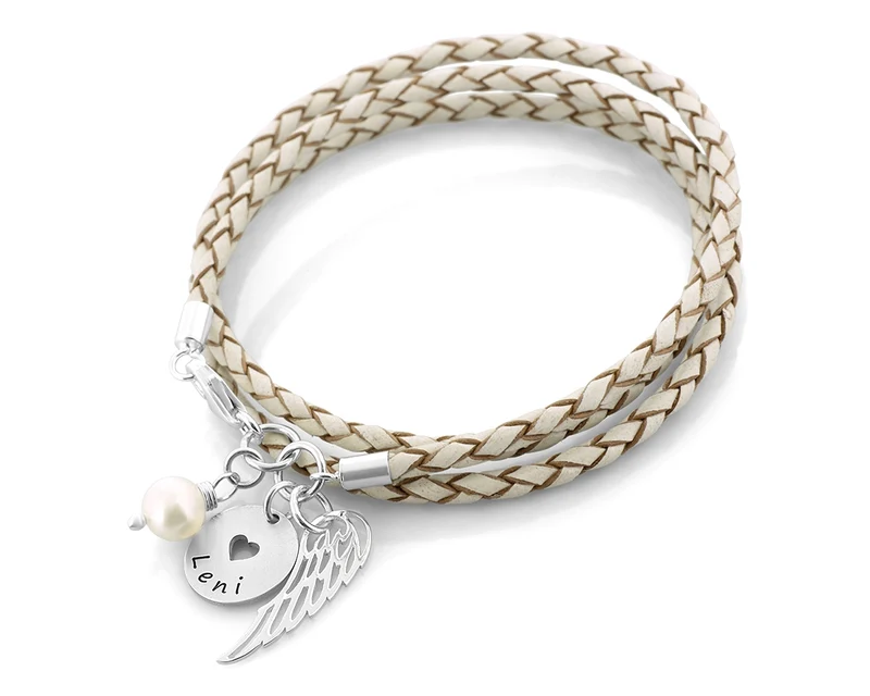LEDERARMBAND WEISS DAMEN GRAVUR MIT ENGELSFLÜGEL, GESCHENK FÜR MAMA