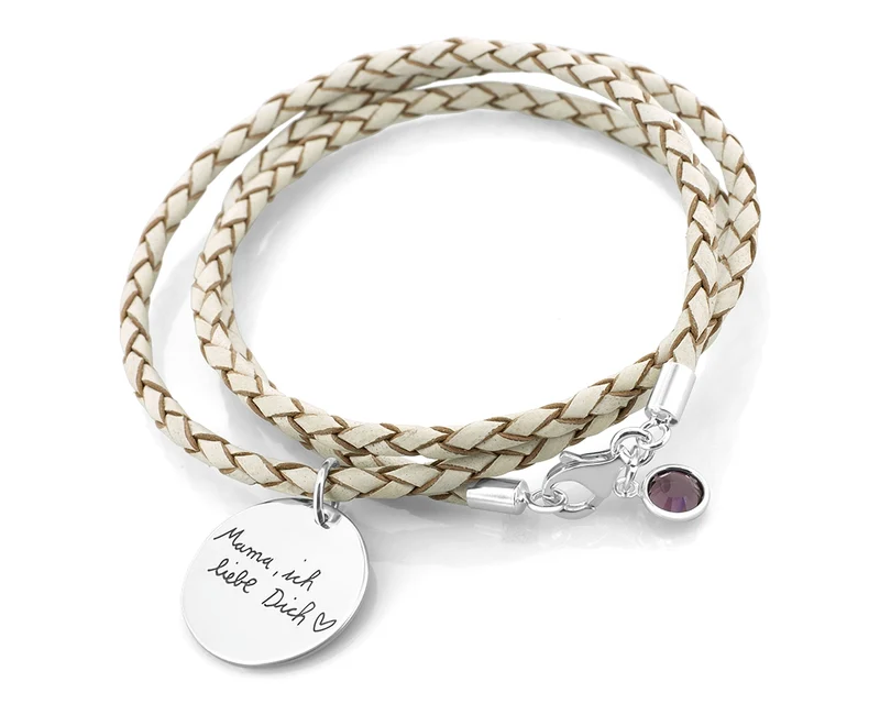 LEDERARMBAND WEISS DAMEN GRAVUR ANHÄNGER EIGENER TEXT GRAVUR ARMBAND