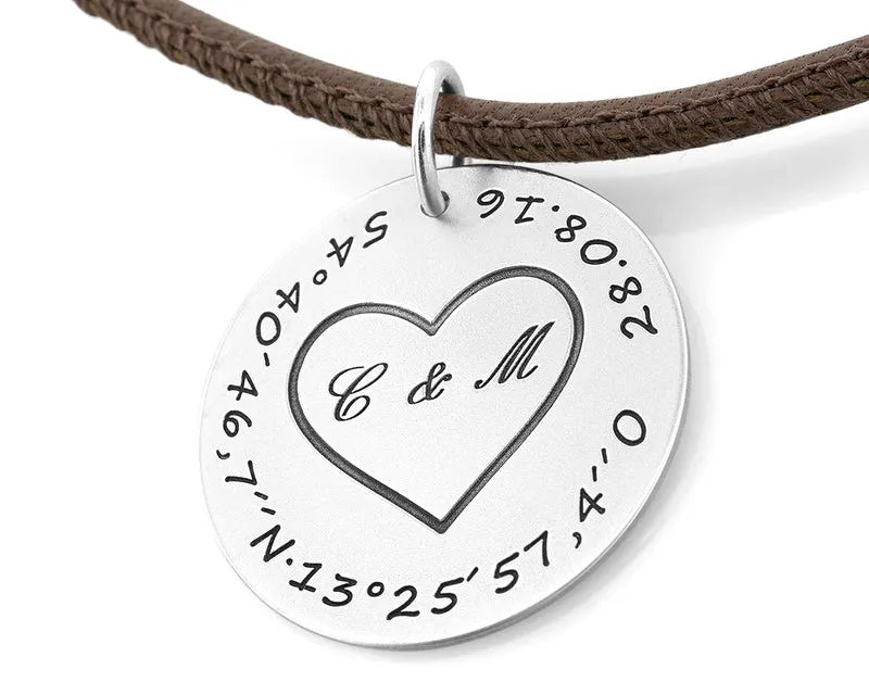 LEDER HALSKETTE KOORDINATEN GRAVUR PARTNERSCHMUCK GESCHENK FREUND MANN