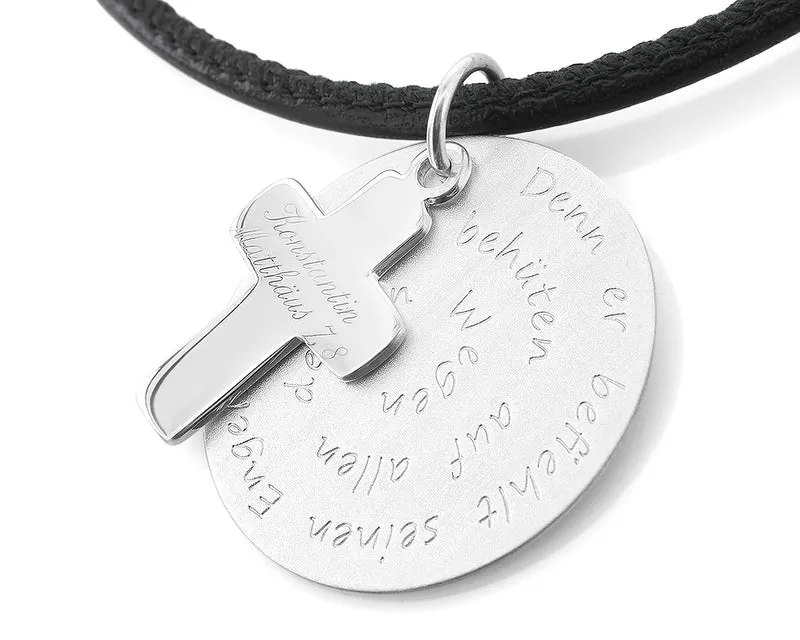 TAUFKETTE JUNGE LEDER KETTE TAUFSPRUCH SCHMUCK BIBELSPRUCH HALSKETTE KREUZ