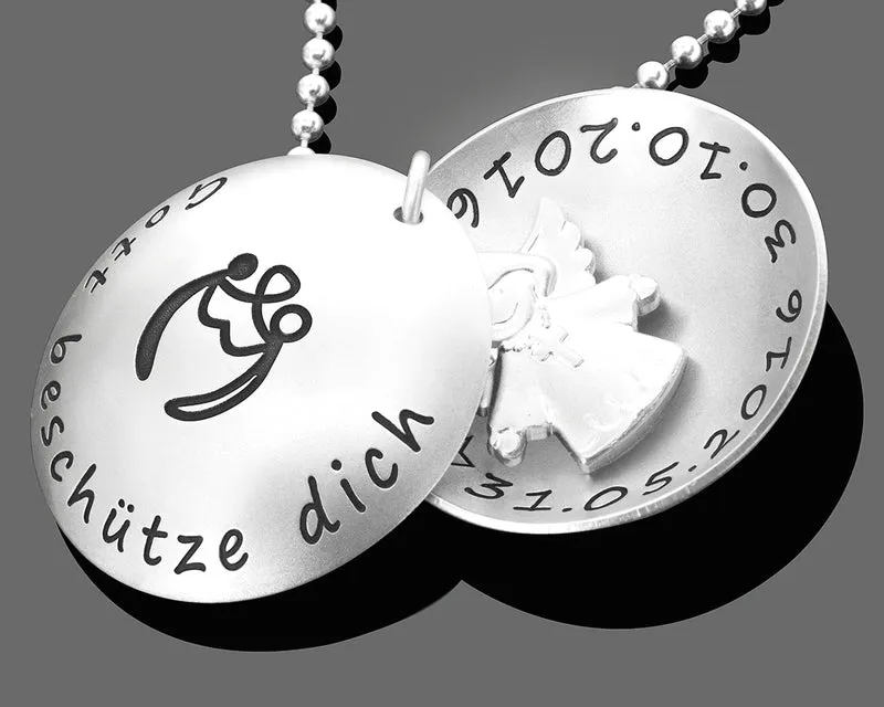SILBERKETTE TAUFE GRAVUR SCHUTZENGEL MEDAILLON, ENGELSCHMUCK HALSKETTE