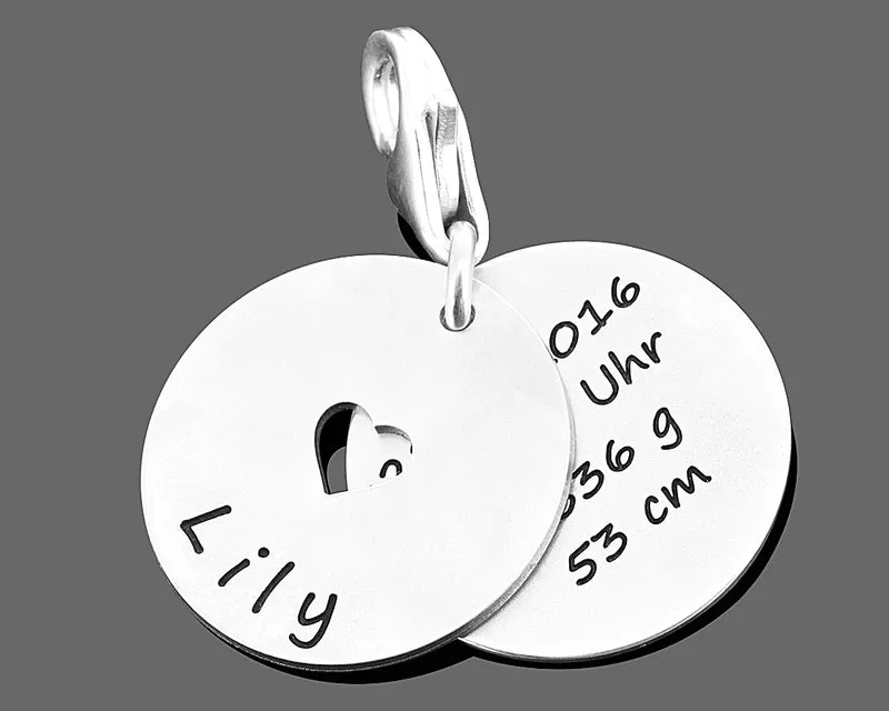 CHARM ANHÄNGER GEBURTSDATEN GESCHENK BABY GEBURT MAMA GRAVUR SCHMUCK