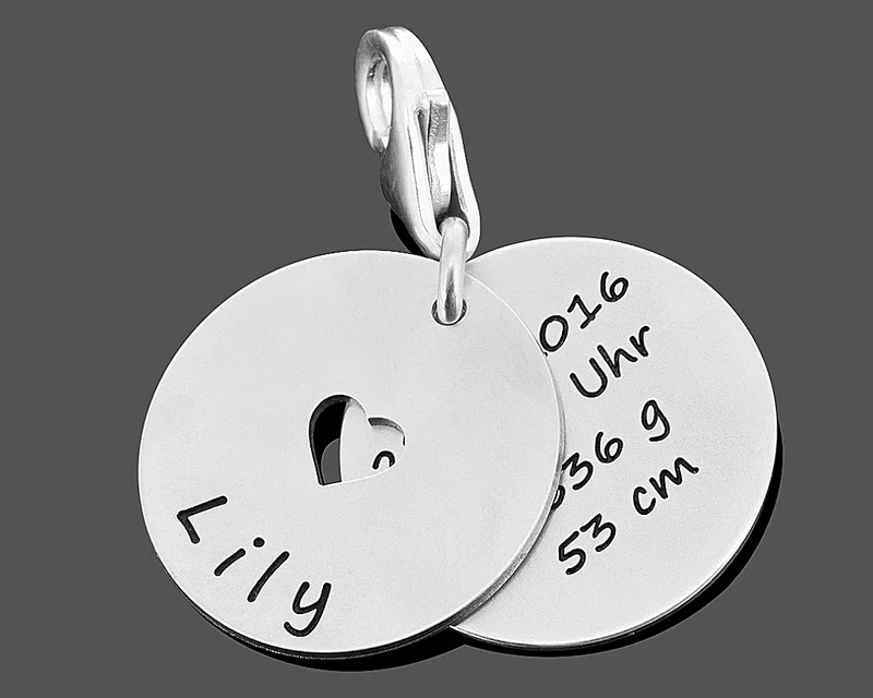 CHARM ANHÄNGER GEBURTSDATEN GESCHENK BABY GEBURT MAMA GRAVUR SCHMUCK
