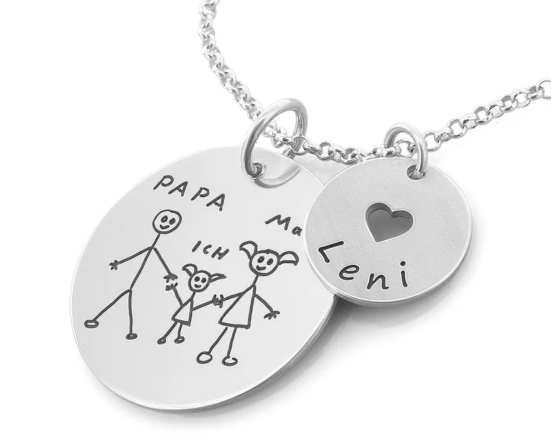 KETTE MIT KINDERZEICHNUNG, HANDSCHRIFT SCHMUCK AUS 925 SILBER, SILBERSCHMUCK GRAVUR, NAMENSKETTE