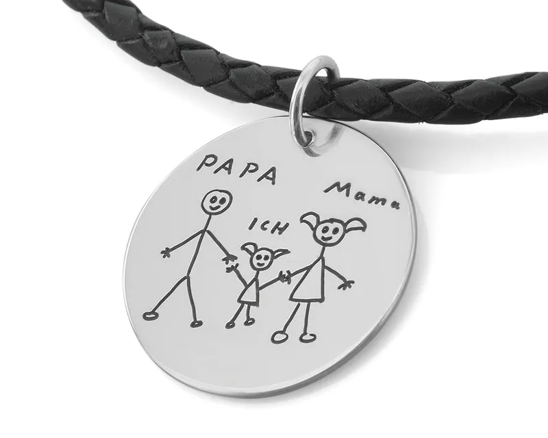 MÄNNERKETTE LEDER MIT EIGENER SCHRIFT, KETTE MIT KINDERZEICHNUNG, SILBERSCHMUCK