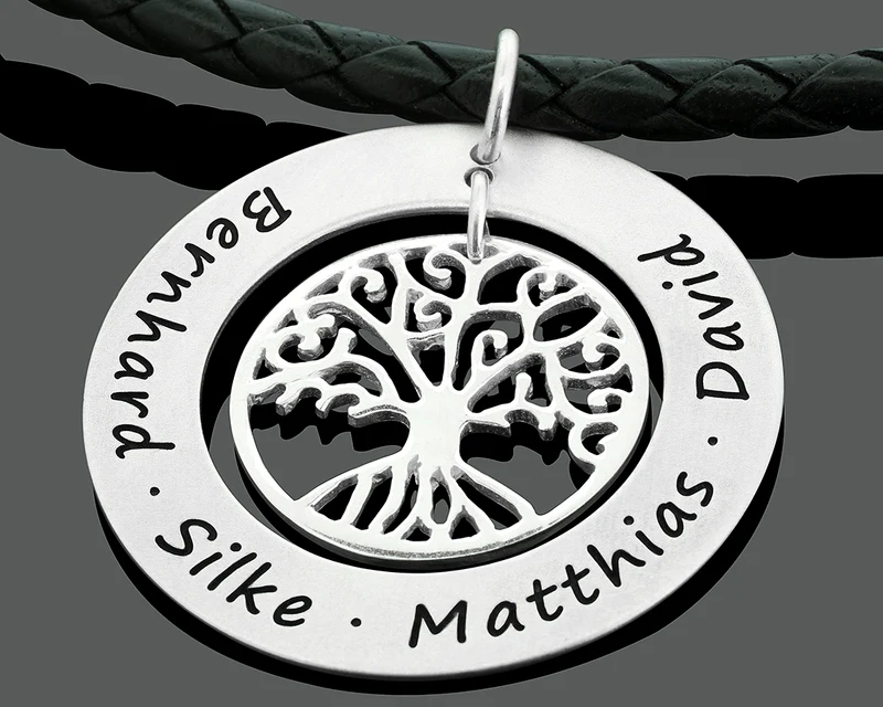 MÄNNERKETTE LEDER MIT GRAVUR LEBENSBAUM SCHMUCK HERREN NAMENSKETTE