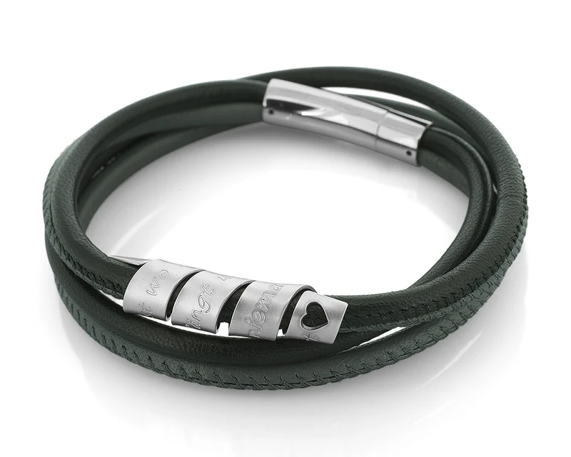 HERREN LEDER ARMBAND GRAVUR SCHWARZ GRAU TEXT MÄNNERARMBAND 925 SILBER ANHÄNGER