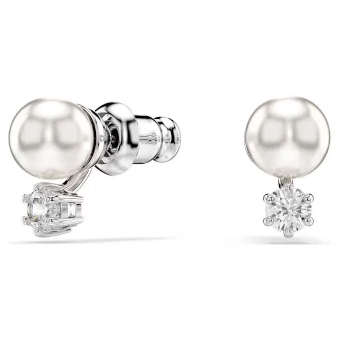 Matrix Pearl Stud Earrings with Round-Cut White Crystal in Rhodium Silver