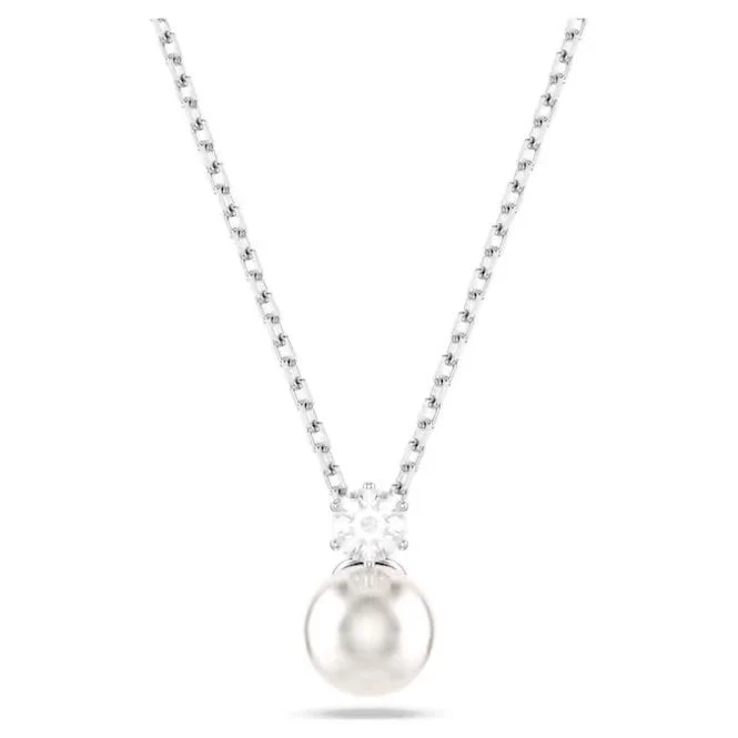 Matrix Pearl Pendant Necklace with Round-Cut White Crystal in Rhodium Silver